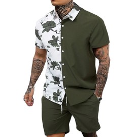 OYOANGLE Men's 2 Piece Vacation Outfits Tropical Hawaiian Button Down Shirt and Shorts Set Army Green XL