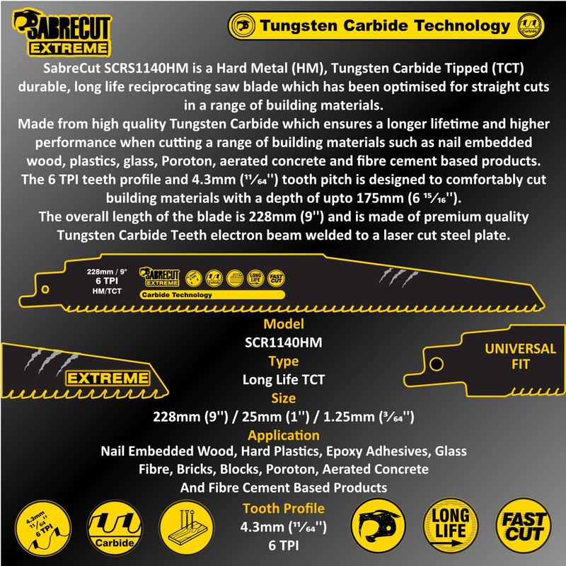 1 x SabreCut SCRS1140HM Tungsten Carbide 228mm 6 TPI S1140HM