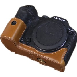 R7 Case, BolinUS Handmade PU Leather Half Camera Case Bag Cover Bottom Opening Version for Canon Eos R7 With Hand Stra (Brown)