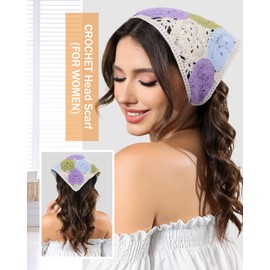 AWAYTR Crochet Head Scarf Hair Bandanas for Women Knit Bandana Headband Scarf Tie-Back Head Coverings Floral Headscarf for Girls (White/Blue/Pink)