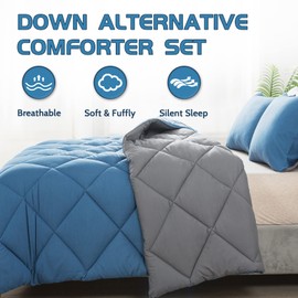 Decroom Lightweight Queen Comforter Set with 2 Pillow Sham - 3 Pieces Set - Quilted Down Alternative Comforter/Duvet Insert for All Season - Grayish Blue/Grey - Queen Size