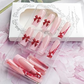 24Pcs Valentine's Day Press on Nails Long Red Pink French Tip Fake Nails with Bow Romantic Love Nail Art Matte Glossy Designs Glue on Nails Heart False Nails for Women Girls Acrylic Manicure Salon DIY