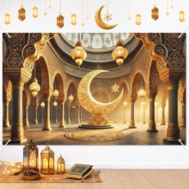 BlissYard Ramadan Mubarak Banner Backdrop 71x43 Inch Islamic Palace Mosque Photo Background with Crescent Moon Night Sky for Ramadan Decorations Eid Mubarak Celebration Muslim Home Party