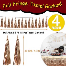 4P Champagne Gold Foil Fringe Tassel Banner Garland Metallic Tinsel Streamers Wall Hanging Curtain Backdrop Banner for Parade Floats, 2024 Graduation Decorations, Wedding Party Decoration