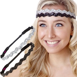Hipsy Adjustable Non Slip Cute Fashion Bling Glitter Hair Headbands for Women Girls & Teens 2-Pack (Wave Silver & Black)