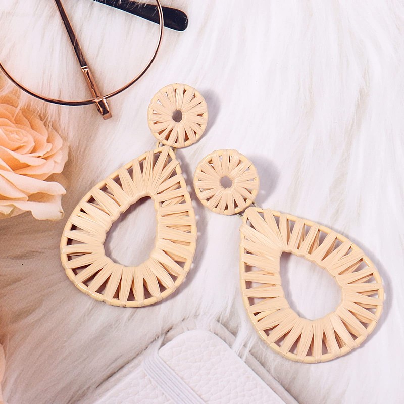 Boho Raffia Earrings Statement Teardrop Earrings Drop Dangle Bohemian Earrings(Nature)