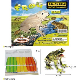 Puzzled 3D Puzzle Colorful Frog Wood Craft Construction Kit Fun Unique and Educational DIY Wooden Animal Toy Assemble Model Pre-Colored Crafting Hobby Puzzle to Build and Decoration 37 Pieces Pack