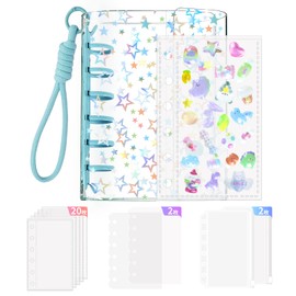 A7 Size Binder Transparent Seal Pad [Main unit + 20 refills + 2 dedicated sticker backing + 2 pocket with zipper + 1 woven key chain] Clear Binder Seal Notebook 6 Holes for Storage Pushing Goods PP