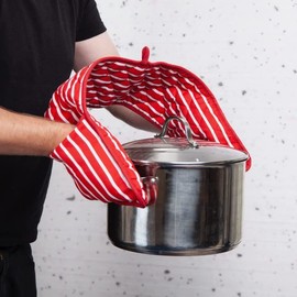 100% Cotton Heat Resistant Stripe Double Oven Glove Mitts for Home Kitchen Restaurant, Hot Pots, Trays, and Pans-Red Heat Resistant Oven Gloves Cooking Potholders Butcher Mitts