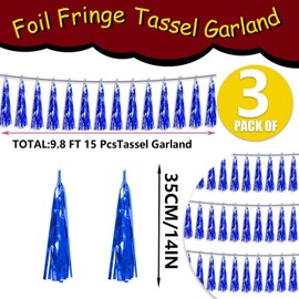 3P Metallic Fringe Tassel Banner Garland Foil Tinsel Streamer Wall Hanging Curtain Backdrop Banner for Parade Floats, Graduation Decorations, Retirement Party Decoration(Blue