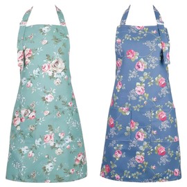 GWAWG Women's Cooking Aprons, 2Pec Adjustable Chef Ladies Apron with Big Front Pockets,Waterproof Floral Aprons for Cooking,Baking.Cleaning,Gardening
