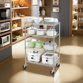 Finnhomy 4 Tier Heavy Duty Commercial Grade Rolling Cart with Handle Bar, Metal Wire Utility Cart with Wheels, Service Trolley on Wheels, Shelf Size 18" D x 30" W, NSF Listed, Chrome