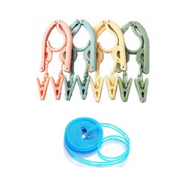 LIKENNY Laundry Clothes Drying Hangers 4 Pieces with 8 Pinch + 1 Laundry Rope, Blue Portable Hanger, Foldable, Space-Saving, Arched Type, Laundry Hanger, Convenient Storage, For Indoors, Business Trips, Portable, Slim Hangers