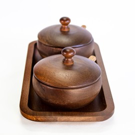 Berghoff Acacia Wood 7Pc Spice Jar Set, Display Tray 10" x 5.12" x 93.5", Elegant Design, Durable, Resusable, Pre-seasoned With Vegetable Oil, Brown