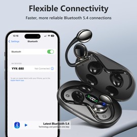 Open Ear Bone Conduction Headphones, Wireless Bluetooth 5.4 Earbuds Sport Over Earphones Built-in Mic with Ear Hooks 50H Playtime Buds LED Display Charging Case, Waterproof Design for Running(Black)