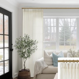 SHINELAND 95 Inch Curtains Long 2 Panel Set,Linen Sheer Semi Light Filtering Pinch Pleated for Living Room Bedroom,Cream Ivory/Light Beige