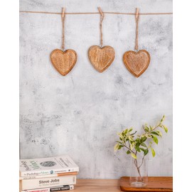 Mie Creations Set of 3 Rustic Wooden Heart Ornaments with Jute Twine, Farmhouse 4 inch Wood Hearts, Mother's Day Decorative, Love Gifts for Him, Her | Hand Carved Wall Hanging Country Decor for Home