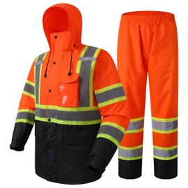 JKSafety Hi-Vis Reflective Safety Rain Jacket and Pants for Men Women Waterproof Rain Gears for Farming Fishing Work HV Rain Suit with Inner Mesh Lining and Pockets (117-Orange XL)