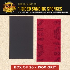Dura-Gold 1500 Grit 5" x 2-3/4" Sanding Sponges, Box of 20 - Performance Hook & Loop Wet or Dry Flexible Sandpaper Sponge Pads - for Hand Sanding Blocks, Palm Sanders - Polish Metal, Auto Paint, Wood