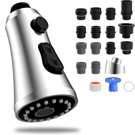 Hibbent Pull Down Kitchen Faucet Head Replacement, 3-Function NSF/ANSI/CAN 61 & CUPC Certified Sink Spray Nozzle, 15 Adapters, Compatible with Moen, Delta, Kohler Faucets, Chrome (Shiny Silver)