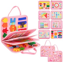 Yeeeasy Montessori Busy Board for Toddlers 1-4 Years Old – Sensory Educational Toy for Fine Motor Skills, Travel-Friendly Activity Book, for Boys & Girls, Pink