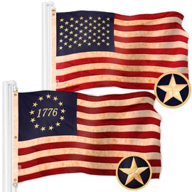 G128 Combo Pack: American USA Tea-Stained Flag 6x10 Ft & 1776 Tea-Stained Flag 6x10 Ft | Both ToughWeave Pro Series Embroidered 420D Polyester, Embroidered Design, Indoor/Outdoor, Brass Grommets