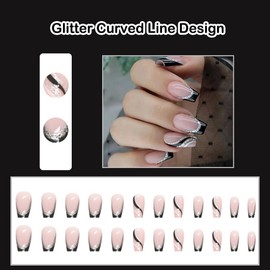 ANDGING French Tip Press on Nails Coffin Short Medium Black Fake Nails with Glitter Curved Line Design Glue on Nails for Women Acrylic Gel Stick on Nails with Glue False Nails for Wedding Birthday K6
