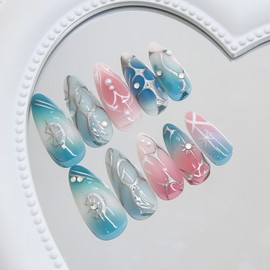 CJDLTS Medium Almond Shaped Gradient Blush 3D Silver Star Irregular Lines with Pearl Stick on Nails Full Cover Reusable Coffin Press on Nails Artificial Acrylic Fingernails for Women Manicure 24Pcs