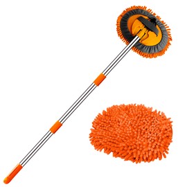 WillingHeart 47.5" Car Wash Brush Mop Cleaning Tool with Long Handle Kit for Washing Detailing Cars Truck, SUV, RV, Trailer, Boat 2 in 1 Chenille Microfiber Sponge Duster Not Hurt Paint Scratch Free