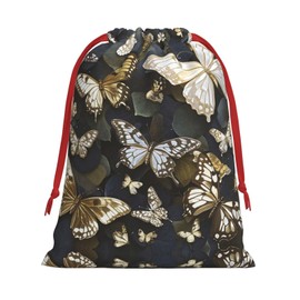 FJRFGbkJKN Christmas Gift Bag Christmas Burlap Gift Bag Gold White Butterflies Black Drawstring Gift Bag Christmas Linen Bag Gift Drawstring Bag Party Favors Bags Wrapping Bags for Party Supplies