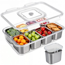 Snackle Box Container, 304 Stainless Steel Snack Containers, Portable Snacklebox for Veggie, Candy, Divided Serving Tray with Lid and Handle, 8 Compartment Fruit Platter for Party, Picnic, Travel