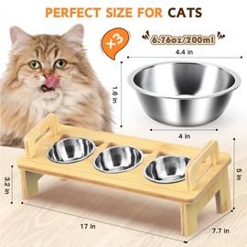 Bamboo Elevated Cat Bowls, 3 Stainless Steel Raised Cat Bowl with Stand, 15°Tilted Cat Feeding Station, Cat Food and Water Bowl Set for Small Cats and Puppy, Anti Vomitting, Whisker Fatigue (Natural)