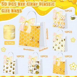 Hosuly 50 Pcs Bee Clear Plastic Gift Bags with Handles Honey Bee Goodie Treat Bags for Birthday Party Favors Candy Snack Baby Shower Gender Reveal Decoration, 7.87 X 7.87 x 3.15 inches