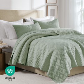 palassio Sage Green 100% Cotton Quilt King Size Bedding Sets with 2 Pillow Shams, Lightweight Textured Farmhouse Country Bedspread Soft Shabby Chic Patterned Coverlet for All Season, 3 Pieces