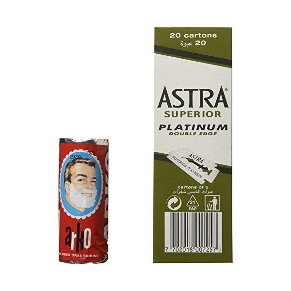 100 Astra Platinum Double Edge Razor Blades and Arko Shaving Cream Soap Stick