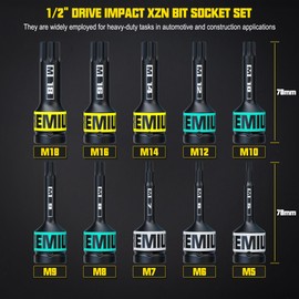KIRXST 1/2" Drive Impact XZN Bit Socket Set, 10 Piece Impact XZN Triple Square Bit Socket Set, M5 - M18, Cr-Mo Steel, for Fastener Replacement