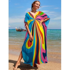RanRui Floral Print Kaftan Dresses for Women Ethnic Boho Print swim cover up Batwing Sleeve Vneck Caftans (O9)