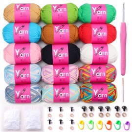 Sekafris 15 Pack Crochet Yarn Beginner - Black White Orange Red Green Rainbow Pink Yellow Cotton Chunky Yarn - with Easy-to-See Stitches Beginner Yarn for Crocheting (15 * 50g) C