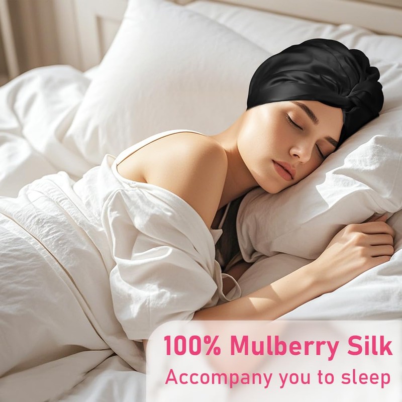 AOOWU 100% Mulberry Silk Sleep Cap, Non-Slip Adjustable Silk Hat,
