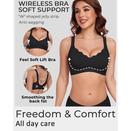Gailife Scalloped Lift Bras for Women Soft Push Up Wireless Bra Supportive V Neck No Underwire Seamless Tshirt Bralettes, Black, L