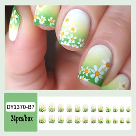 LPOODDNU Small Flower Press on Nails Short Square Fake Nails Full Cover White Daisy Gradient Green Glue on Nails Short Spring Summer Stick on Nails Glossy Acrylic False Nails Glue on Nails for Women