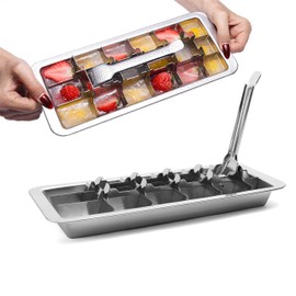 GHAHILI Stainless Steel Ice Cube Trays, Metal Ice Cube Trays for Freezer Vintage Inspired Design with Release Lever Remove Handle for Making Large Cubes Kitchen & Bar (Silver)