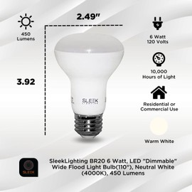 SLEEKLIGHTING BR20 6 Watt, LED Dimmable Wide Flood Light Bulb(110°), 4000k, 450 Lumens, E26 Medium Base, 45 Watt Equivalent, UL & Energy Star Approved (Pack of 6)