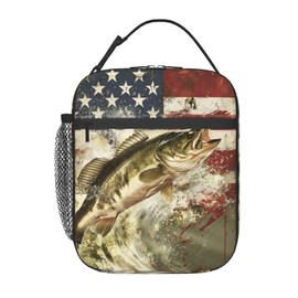 SIUKUS Insulated Lunch Box for Kids Boys Girls, Reusable Lunch Bag for School, Office, Picnic, Work, Travel, American Flag Fishing Theme Lunch Box