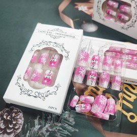 Cute Pink Snowman Press on Nails 24Pcs Medium Square Pink Glitter Fake Nails Glossy White Christmas Snowflake Acrylic False Nails Xmas White Ombre Gel Glue on Nails Snowing Stick on Nail for New Year