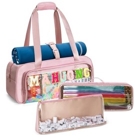 Yarwo 3 PCS Mahjong Bag Empty, Clear American Mahjong Tile Set Bag with Game Mat Buckle and Sewn Chenille Letter, Zippered Game Storage for Mahjong Tiles, Racks & Pushers, Pink (Case Only)