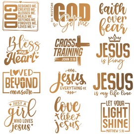 12 Pieces Inspirational Christian Phrase Iron-On Transfers Black/Gold Jesus Vinyl Stickers for DIY Clothing and Fabric, Washable God Heat Transfer Patches for Shirts, Bags (Golden)