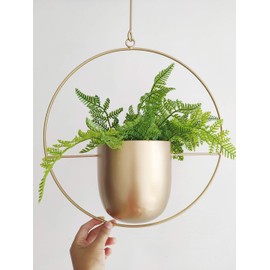 RISEON Boho Gold Metal Plant Hanger,Metal Wall and Ceiling Hanging Planter, Modern Planter, Mid Century Flower Pot Plant Holder, Minimalist Planter for Indoor Outdoor Home Decor (Round Shape, Gold)