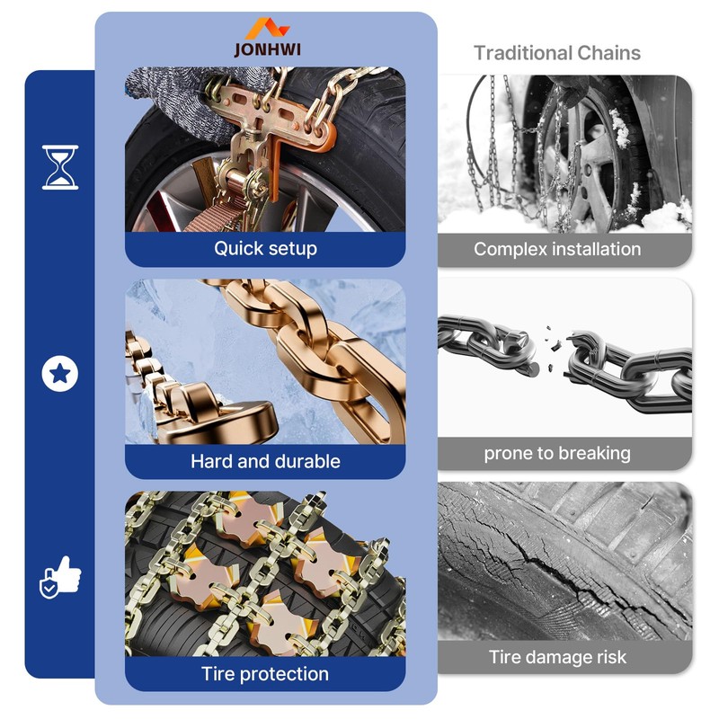 Snow Chains, Emergency Anti-Skid Tire Chains for SUV, Cars, Sedan,