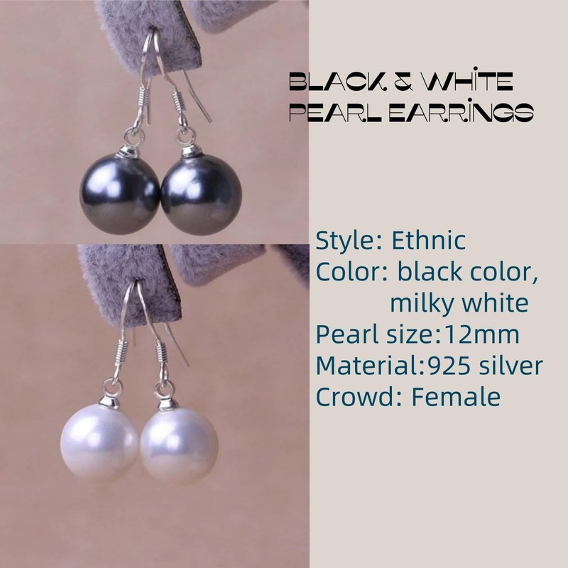 PPTAWFA Ladies Black and Cream color12mm Pearl Earrings Set, 18K